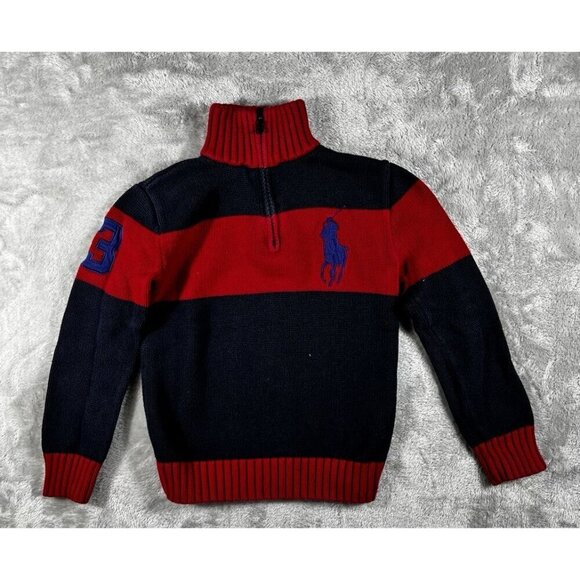 Ralph Lauren Boys’ Quarter-Zip Sweater - Red and Navy Big Pony - Size 8 - Picture 1 of 12